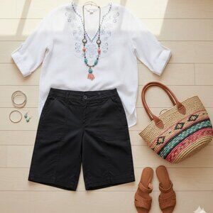 Chicos 2 Black Fly Front Casual Cotton Short Chino Classic Coastal (US 12)